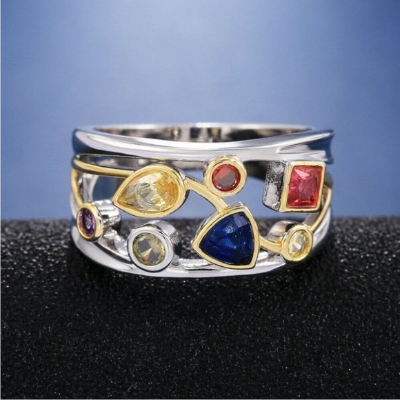 Gorgeous Sterling Silver 18k Gold Multi-Stone Ring - Picture 3 of 5